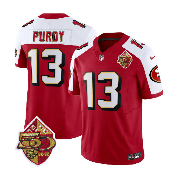 Men's San Francisco 49ers #13 Brock Purdy Red/White 2023 F.U.S.E. 50th Patch Throwback Football Stitched Jersey